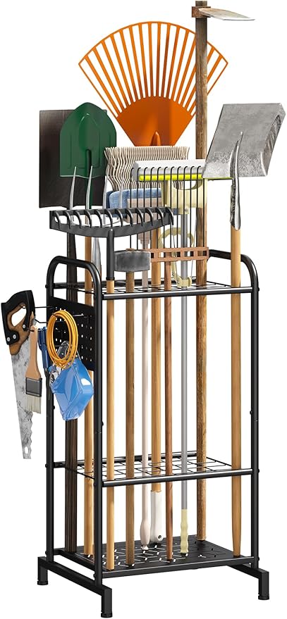 Garden Tool Organizer, Garden Tool Rack and Storage, Up to 35 Long-Handled Tools/Rakes/Brooms, Heavy Duty Steel Stand for Yard, Shed, Outdoor, Black