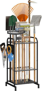 Garden Tool Organizer, Garden Tool Rack and Storage, Up to 35 Long-Handled Tools/Rakes/Brooms, Heavy Duty Steel Stand for Yard, Shed, Outdoor, Black