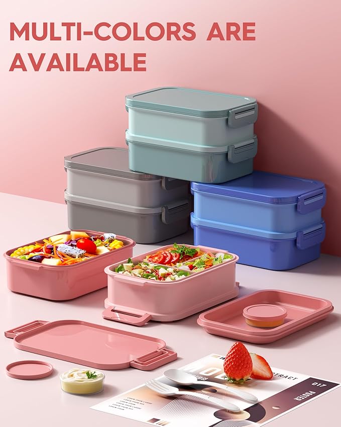 Adults Bento Lunch Box Set with Thermo Bag, 74oz Stackable Leak-proof 3-tiers Bento Box, Built-in Utensil and Sauce Container for Work, School, Dining Out (Pink)