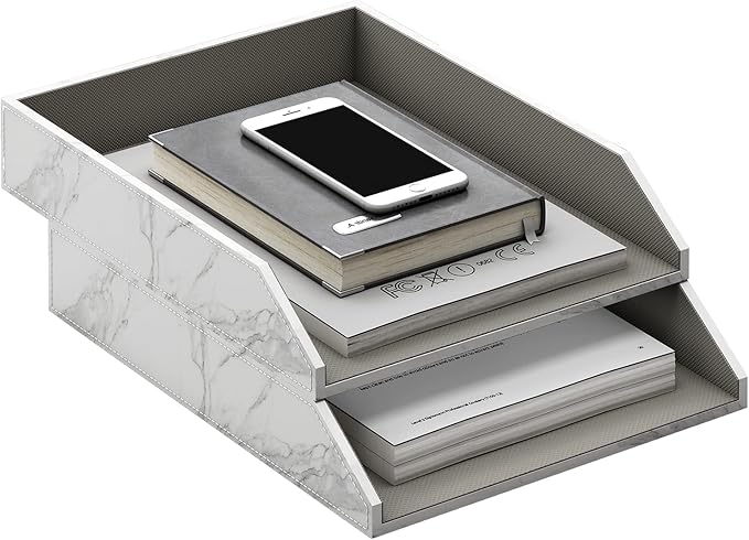 Leather Letter Tray, Thipoten Stackable Desk Organizer Holder for Office Supplies, Paper, File, Magazine, Perfect Office Organization for Desktop (White)