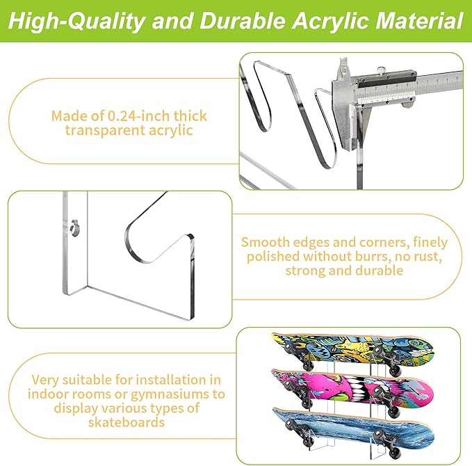 Acrylic Skateboard Wall Mount Display Rack, 3 Tier Horizontal Skateboard Storage Hanger, Space Saving for Secure Storage of Skateboards, Snowboards, Longboards, Easy to Install
