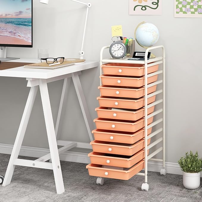 GOFLAME 10-Drawer Rolling Storage Drawer Cart, Utility Cart with Removable Drawers & Metal Frame, Mobile Art Craft Drawer Cart with Lockable Wheels for Home, Office, Studio, School, Peach Fuzz