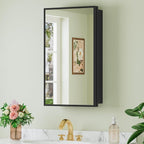 Buruis 14"x 24" Small Framed Medicine Cabinet with Mirror, Compact Recessed or Wall Mounted Bathroom Cabinet, Adjustable Tempered Glass Shelves, Left/Right Open Reversible, No Assembly Required, Black