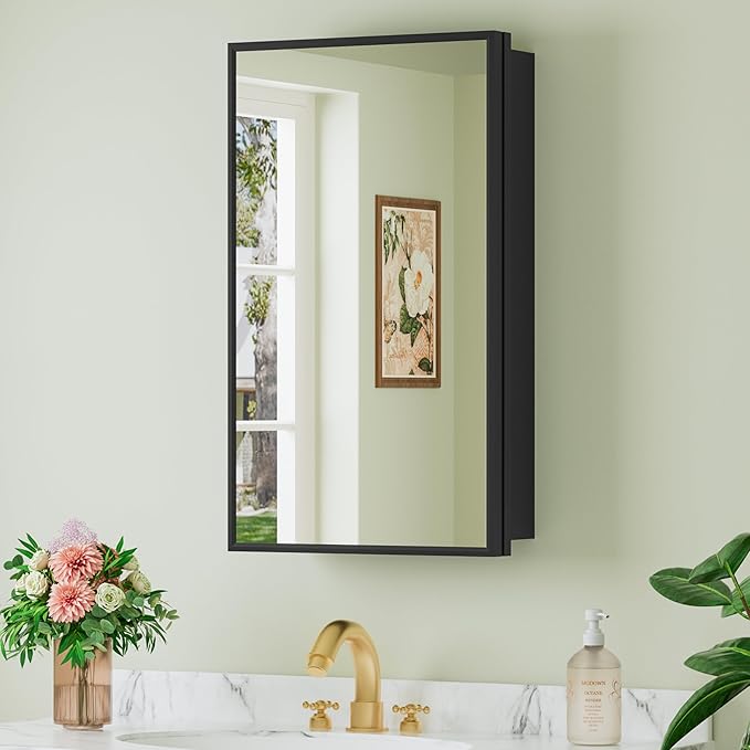 Buruis 14"x 24" Small Framed Medicine Cabinet with Mirror, Compact Recessed or Wall Mounted Bathroom Cabinet, Adjustable Tempered Glass Shelves, Left/Right Open Reversible, No Assembly Required, Black