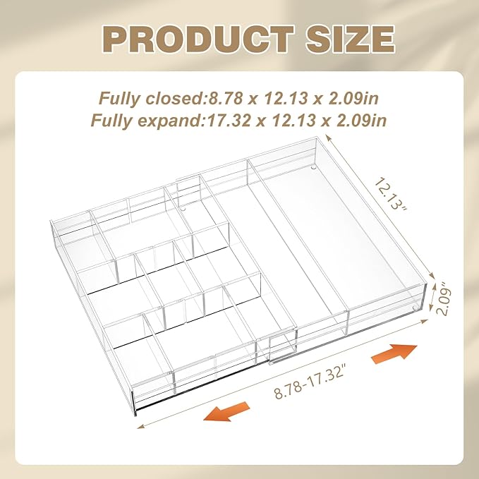Acrylic Drawer Organizer Clear Desk Drawer Organizer Trays with Adjustable Compartments Desk Accessories for Office Stationery Makeup Silverware Bathroom(Expandable)