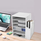 Literature Organizers With Side Storage cabinet, 6 Compartments Office Mailbox with Adjustable Shelves, PVC Board Literature Sorter for Office, Home, Classroom, Mailrooms Organization, White