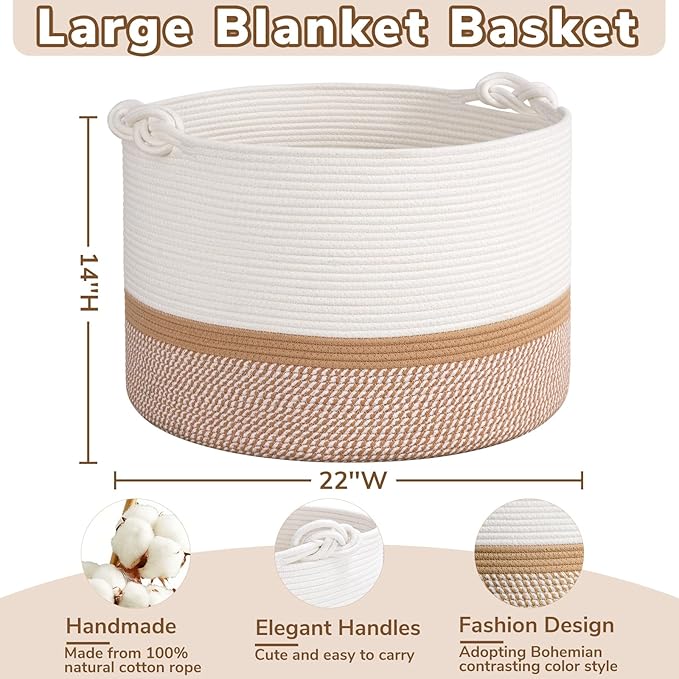 CherryNow 22"x22"x14" Large Blanket Basket, Home Décor for Living Room Bedroom, Cotton Rope Laundry Basket for Clothes Pillows, Baby Fall Decorations for Home Toy Storage, White & Camel