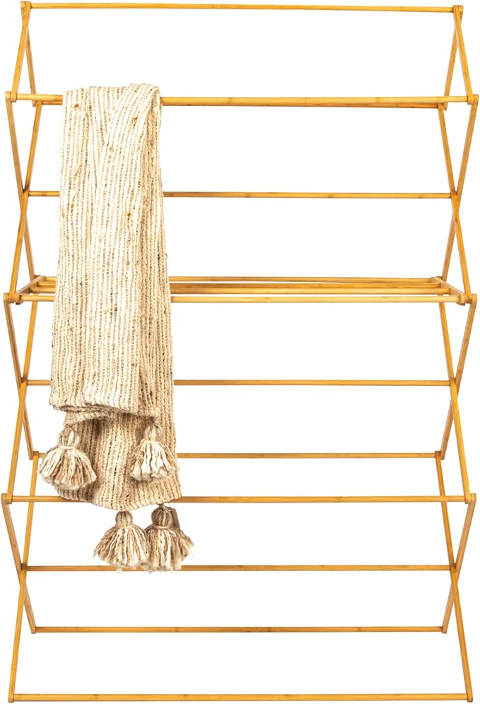 Household Essentials Bamboo Oversized Clothes Drying Folding Rack, Upscale Laundry Rack with 11 Dowels, Environmentally Friendly, Stable Frame, Shelf for Drying Flat, Natural