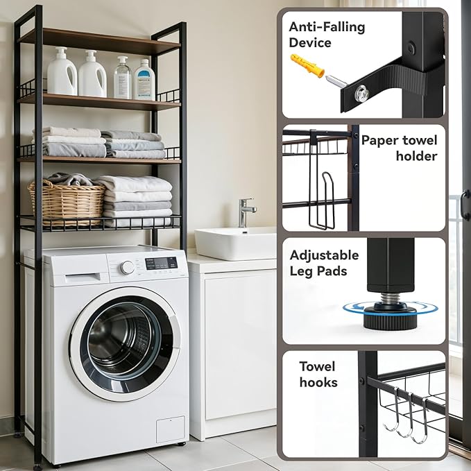 4-Tier Bathroom Organizer Shelf Over The Toilet Storage Cabinet with Feet Pad Over The Toilet Storage Rack with Adjustable Shelf and Basket Bathroom Shelves Above Toilet Bathroom Shelves