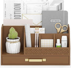 Bamboo Desk Organizer with Drawers, Mail Organizer Countertop Wood Desk Drawer Tabletop Storage Organization Pen Holder Letter Sorter Makeup Organizer for School Home Office (Brown)