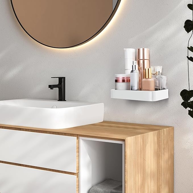 Z metnal Small Glass Bathroom Shelves, White Floating Wall Shelf, Mini Wall Mounted (White Clear Glass, 8 inch/20cm)