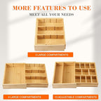 Bamboo Sliding Desk Drawer Organizer 8.6'' up to 17'' x 12'' x 2.2'' Expandable Office Desk Accessories Supplies Tray with 11 Compartments for Pens, Notebooks, Rulers, and Makeup Jewelry Vanity