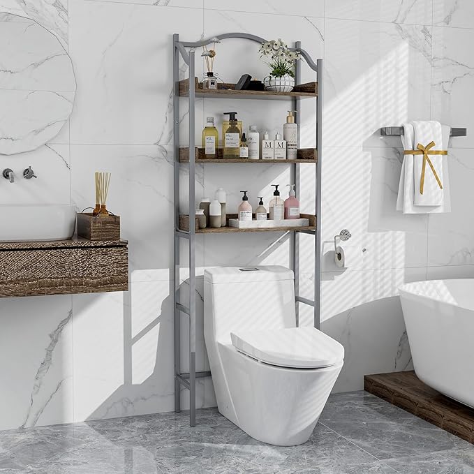Tangkula Over The Toilet Storage Rack, 3-Tier Above Toilet Bathroom Shelf with Adjustable Bottom Bar & Anti-Toppling Devices, Metal Frame, Freestanding Bathroom Space Saver for Laundry (Silver, 66"H)