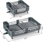 Stainless Steel Dish Drying Rack - Dish Drainer for Kitchen Counter, Extendable Drainboard with Foldable, Space-Saving Cup & Bowl Organizer, Includes Knife and Utensil Holder, Matte-Green