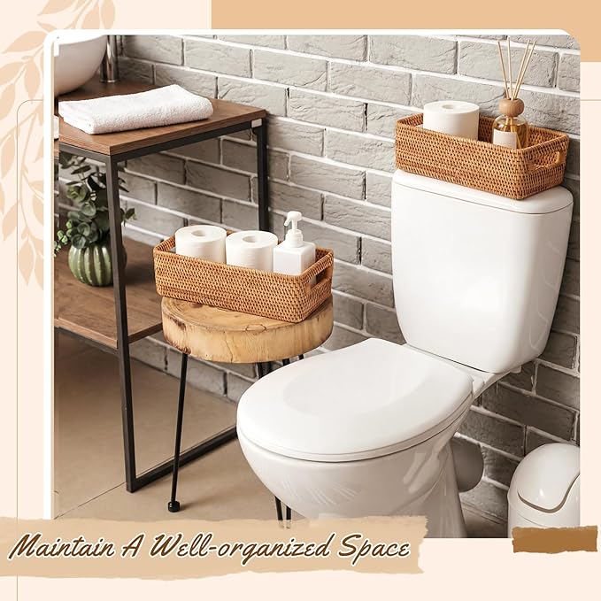 Toilet Tank Top Storage Basket, Narrow Rattan Bathroom Organizer with Handles, Wicker Toilet Paper Holder Basket Fits Most Standard Tanks (14.6" L x 6.7" L x 3.9" h)