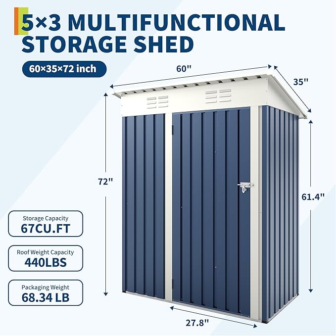 5×3FT Storage Shed，67CU.FT Tool Shed with Sloping Roof and Lockable Door, Compact Metal Tool Garden Shed for Garden, Backyard, Patio