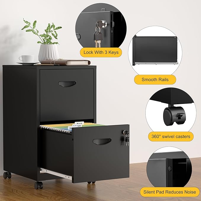 2 Drawer File Cabinet with Lock，Black Rolling File Cabinet for Home Office, Metal Small Mobile Filing Cabinets on Wheels for Hanging Letter