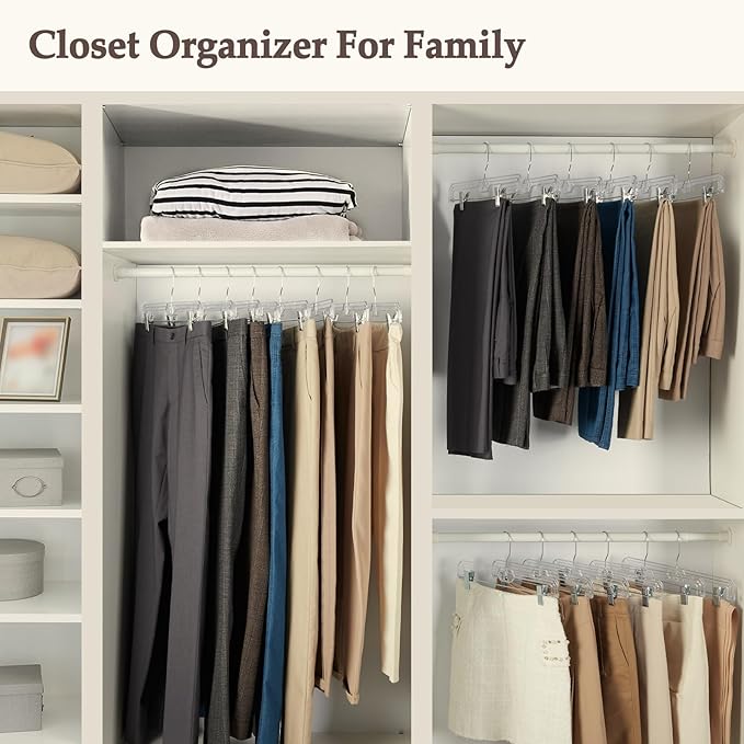 HOUSE DAY Bulk Clear Pants Hangers with Clips 500 Pack, Non-Slip Plastic Skirt Hanger with 2 Adjustable Clips, Slim Clip Hangers for Pants, Skirts, Shorts, 14" Clear Hanger, 360-Rotating Swivel Hook