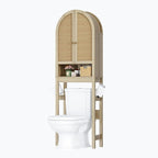 Over The Toilet Storage Cabinet, 23.7”W Modern Storage Cabinet Over Toilet with Rattan Doors, Arched Freestanding Over Toilet Rack with Adjustable Shelf for Bathroom, Nature