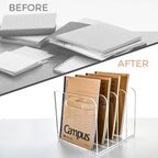 4 Vertical Compartments File Holder, Clear Acrylic Desk Organizer and Storage Bins Holding for Magazines, Binders, Notebooks, Envelopes, Multi-purpose Document Organizer for Home Office