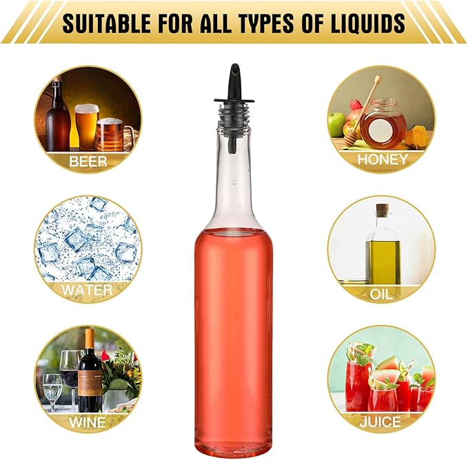 Tioncy 10 Sets 15oz Plastic Liquor Bottles with Pourers Sets 10 Plastic Long Neck Syrup Bottles with Pourer and Caps Reusable Leakproof for Home Party Bar(Black)