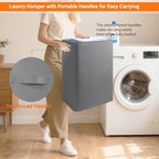 Foldable Laundry Hamper with Lid & Laundry Bag with Drawstring,Portable Laundry Basket with Easy Carry Handles,Clothes Hamper Space Saving Organizer for Bathroom,Bedroom,College Dorm,RV,Grey
