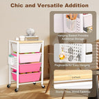 Rolling Cart with Drawers, Rolling Storage Cart with Large Plastic Drawers & Wooden Tabletop, Utility Cart with Pegboards & Basket, Storage Drawers Cart for Living Room, Classroom, Bedroom, Office