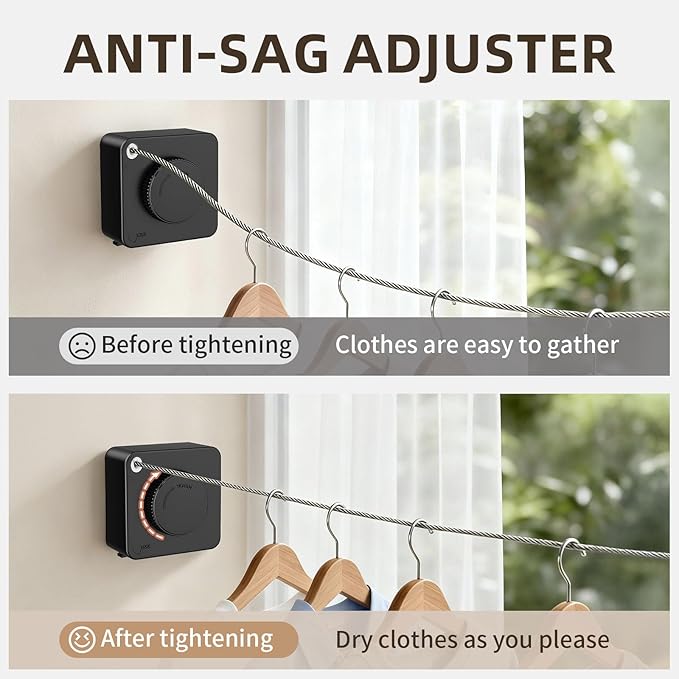Anti-Sag Retractable Clothesline 40LB Capacity - 201in Stainless Steel Laundry Line for Indoor Outdoor, Wall Mounted Space Saving Easy Install (Black)