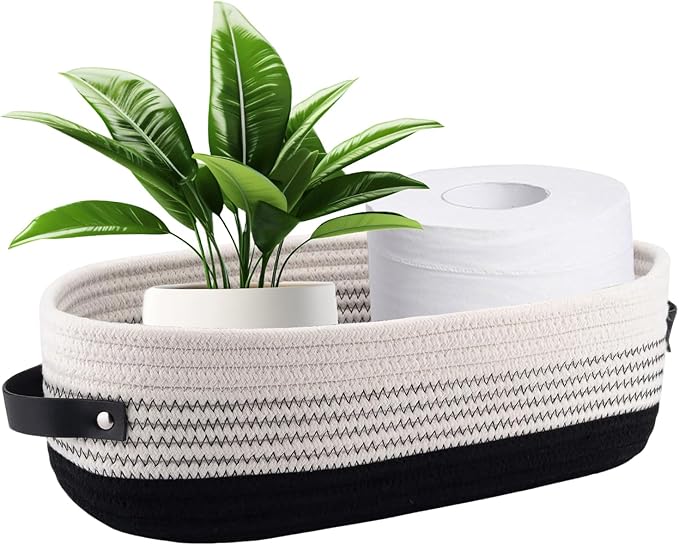 1 Pack Small Woven Storage Basket for Toilet Tank Top, Bathroom Countertop Organizer Basket Cotton Rope Toilet Paper Storage Toilet Paper Decorative Basket 13"x6"x4" (Black/White)