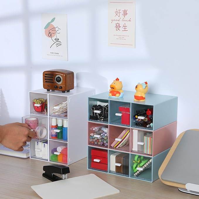 Desktop Drawers, Desk Organizer with 9 Drawers, Stackable Plastic Storage Box for Home Collection, Cosmetics, Jewelry, Office Supplies (3 Tiers, Blue)