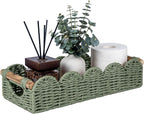CubesLand Bathroom Basket Organizer w/Cut Out Handle, Back of Toilet Paper Storage Baskets Tray for Bathroom Countertop Decorative, Scalloped Wicker Basket Also for Home Decor, Living Room, Green