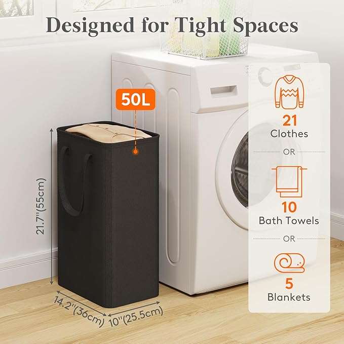 Lifewit 50L Slim Laundry Hamper, Narrow Small Laundry Basket with Handle for Dirty Clothes, Collapsible Tall Thin Laundry Bin for Bathroom Bedroom Dorm College, Black