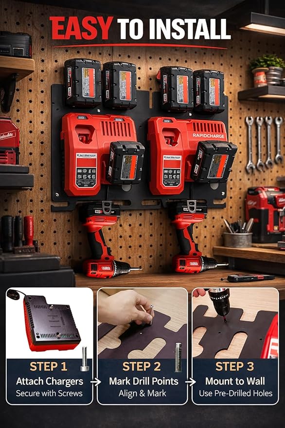 3-in-1 Battery Charger Wall Mount Holder for Milwaukee 4X M18 18V Battery and 2X M12-18C Charger/2x M12-18FC Charger/1x M18 DFC & 2 Drills. Battery Charger Hanger/Storage/Rack/Organizer for Garage