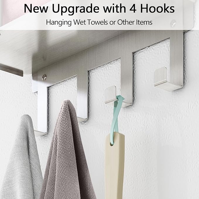 Bathroom Towel Storage, Towel Racks for Bathroom with 3-Tier Shelf & 4 Hooks, Towel Holder for Bathroom Wall for Rolled Bath Towels, Brushed Nickel