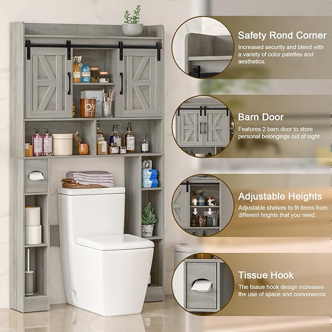 Vabches Farmhouse Storage Cabinet Over Toilet with Sliding Doors，Over The Toilet Storage Cabinet, Home Space-Saving Toilet Rack, for Bathroom, Restroom, Laundry