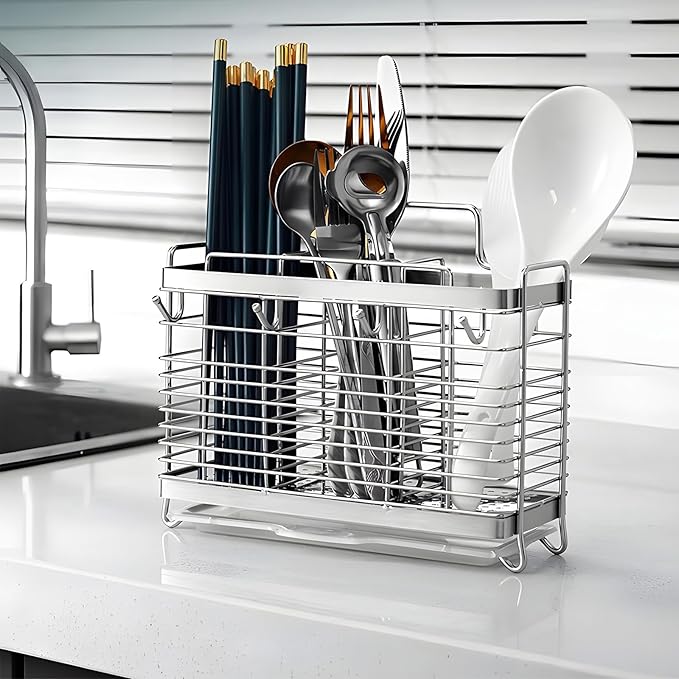 Utensil Holder, Stainless Steel Utensil Drying Rack with Drain Tray, Kitchen Counter Drainer Basket Silverware Cutlery Flatware Holder Forks, Knives, Spoons, Chopsticks Organizer (Silver)