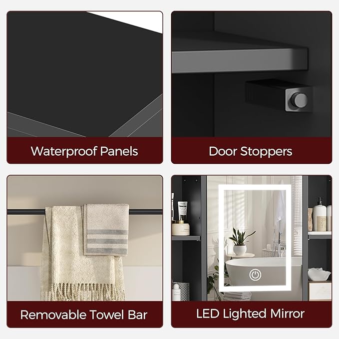 Bathroom Wall Cabinet with Mirror, Wall Mounted Medicine Cabinet with Color Adjustment LED Lights, Mirrored Over The Toilet Storage Cabinet with Adjustable Shelves, 23.6''W x 21.6''H, Black
