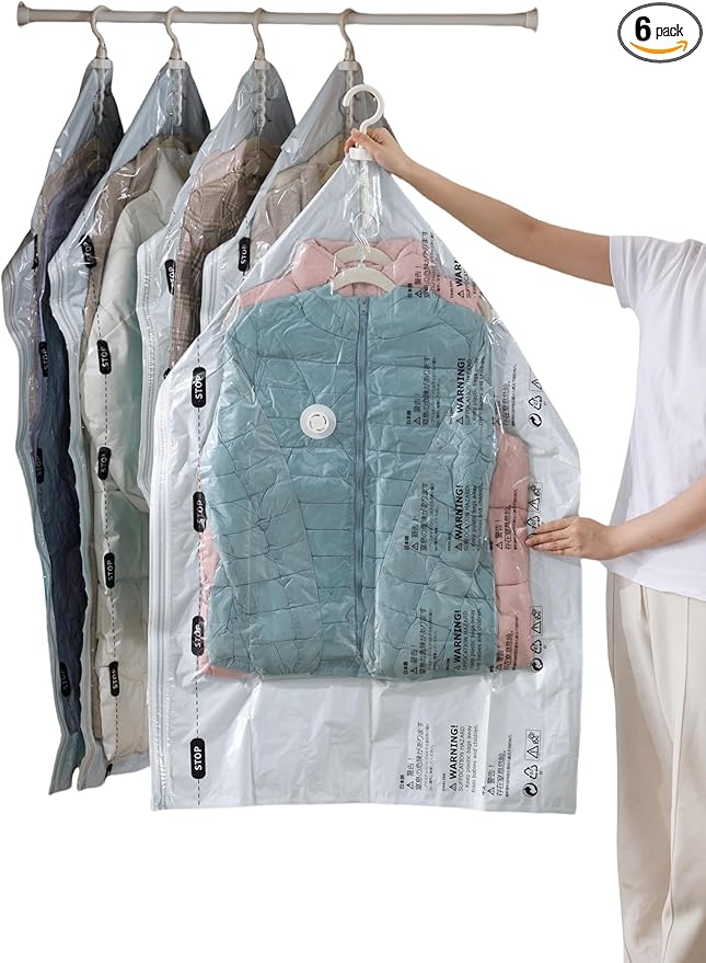 Vacuum Storage Bags for Clothing - NeatNest 6pack Space Saver Garment Bags with Hangers, 3 Medium + 3 Large, Vacuum or Hand Press Compression, Airtight for Closet Organization