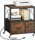 File Cabinet with Charging Station, 3 Drawer Lateral Filing Cabinet for Home Office, Mobile Printer Stand with Open Shelf, Fits A4/Letter Size File, Nonwovens Drawer, Rustic Brown FCHR98E01
