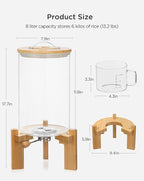 HBlife 14-16 Lbs Glass Rice Dispenser with Wooden Stand Flour and Cereal Container with Glass Measuring Cup Pantry Food Organization Storage Bin with Airtight Bamboo Lid, 8L