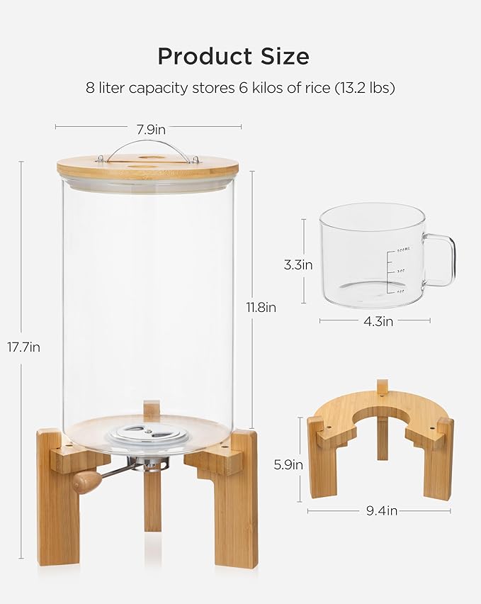 HBlife 14-16 Lbs Glass Rice Dispenser with Wooden Stand Flour and Cereal Container with Glass Measuring Cup Pantry Food Organization Storage Bin with Airtight Bamboo Lid, 8L