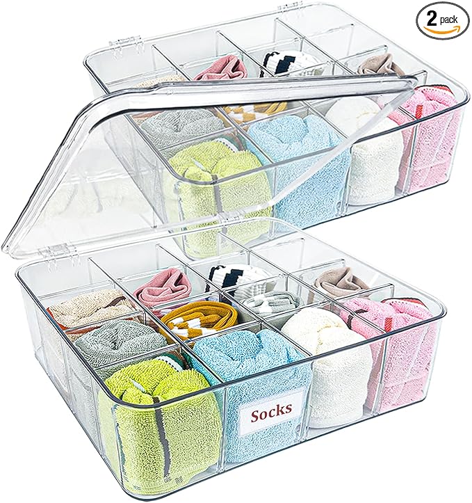 2 PCS Sock Underwear Organizer Clear Storage Containers 16 Cell Adjustable Dividers Plastic Drawer Organizer Box with Lids for Ties Bra Scarf (11.8×9.4×3.9")