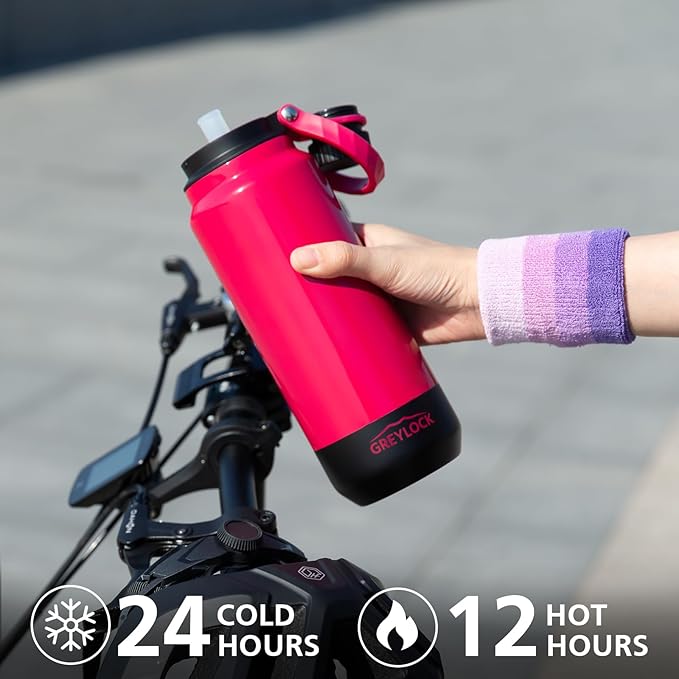 GREYLOCK 40 oz Insulated Water Bottle with Straw Lid, Leakproof Reusable Stainless Steel Vacuum Flask, 24hr Cold & Hot, Carry Handle & Silicone Spout, BPA-Free for Gym, Hiking, Travel,Red