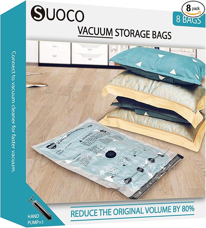 Vacuum Storage Bags, Compression Packing Space Saver Seal Bags for Clothing Bedding Comforters Blankets Pillows, 8 Combo