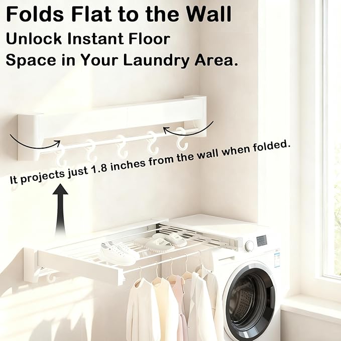 Wall Mounted Clothes Drying Rack 27 inches,Foldbale Laundry Drying Rack 6 Rods,Hidden Drying Rack Clothing,Retractable,Collapsible,Screws Needed Folding Laundry Rack (White, Medium)
