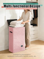 Laundry Hamper with Lid, Reinforced Sturdy Clothes Hamper with Anti-Puncture Base, Large Collapsible Laundry Basket with Removable Liner Bag, Tall Dirty Clothes Bin for Family, 100L Pink