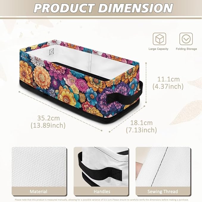 Narrow Storage Bins Bathroom Essentials Organizer Basket Rectangular Collapsible Storage Container for Organizing Toilet Paper Towels Bathroom Accessories, Bohemia Floral Print
