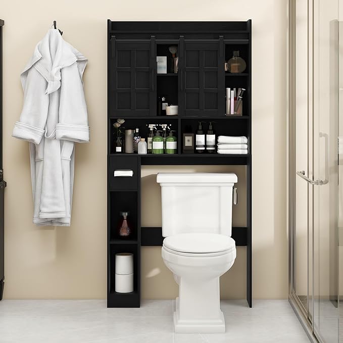 Vabches Over The Toilet Storage Cabinet, Farmhouse Storage Cabinet Over Toilet with Sliding Doors, Home Space-Saving Toilet Rack, for Restroom, Bathroom, Laundry.Black