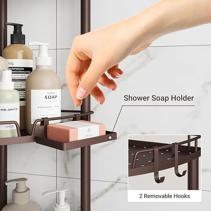 ELYKEN Corner Shower Caddy Standing, 3 Tier Rustproof Metal Shower Organizer with Soap Holder, Floor Shower Corner Shelf Rack Storage Stands with Adjustable Feet & 2 Hooks for Bathroom, Bronze