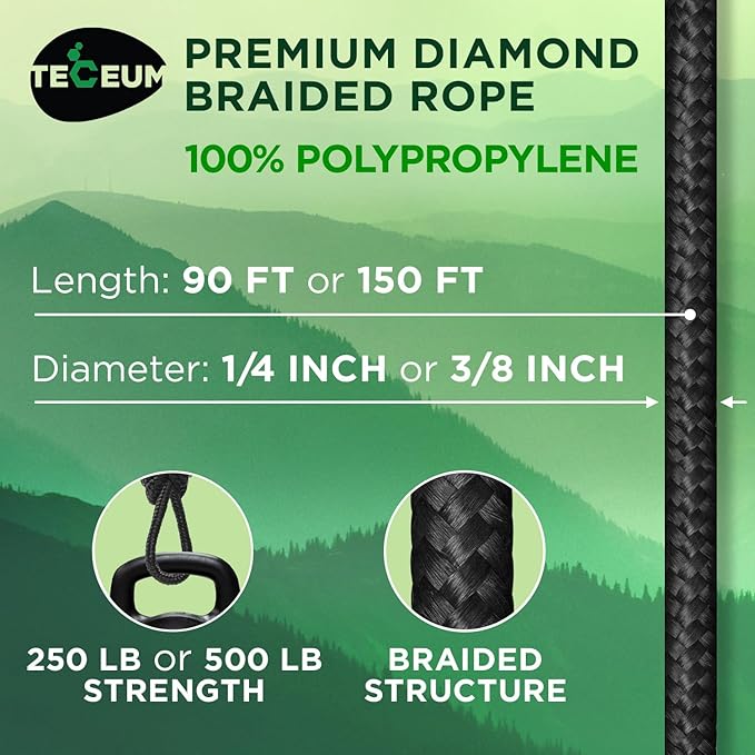 TECEUM Rope – 150 Feet x 1/4 Inch (7mm) – Black – Strong All-Purpose Utility Rope – Camping, Crafting, Flag Pole, Indoor & Outdoor – Polypropylene Nylon Poly Lightweight Diamond Braided Cord